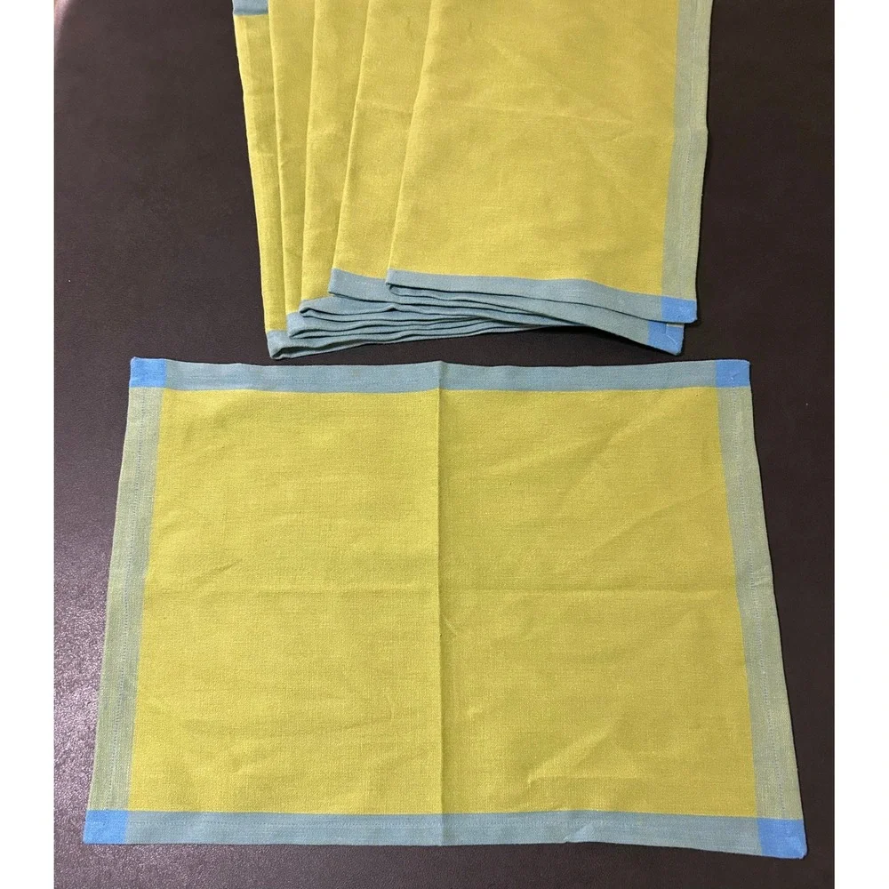 Pier 1 Imports Placemats Set/6 Lime Green Blue Border Cotton Color-Block Summer